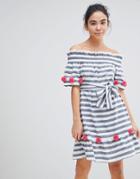 America & Beyond Off Shoulder Stripe Beach Dress With Red Pom Pom Detailing - Blue