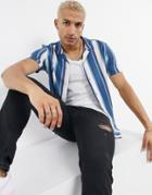 Asos Design Regular Camp Collar Retro Stripe Shirt In Pastel Colors-blues
