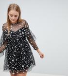 Boohoo Ruffle Trim Star Print Mesh Mini Dress - Black