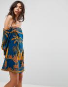 Asos Off Shoulder Cotton Dress In Tropical Print - Multi