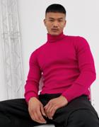 Asos Design Muscle Fit Ribbed Roll Neck Sweater In Neon Pink - Pink