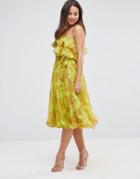 Asos One Shoulder Ruffle Floral Midi Dress - Yellow