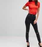 Asos Tall Super High Rise Firm Skinny Jeans With Busted Knees In Washed Black - Black