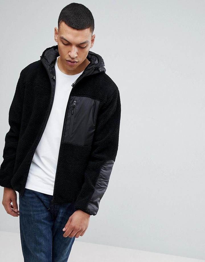 Bellfield Hooded Zip Through Jacket In Teddy Fleece - Black