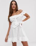In The Style Poplin Frill Shoulder Tie Waist Button Down Dress - White