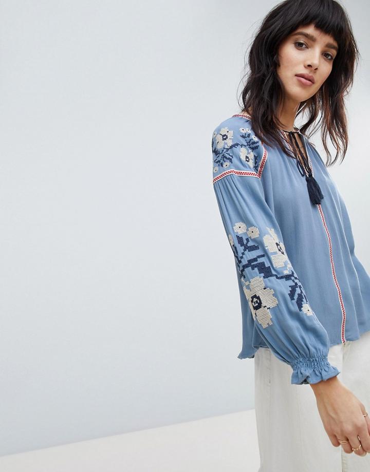 Hazel Floral Embroidered Tassel Tie Blouse - Blue