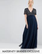Maya Maternity V Neck Maxi Tulle Dress With Tonal Delicate Sequins - Navy