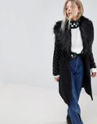Parisian Longline Coat With Faux Fur Collar And Studded Arms - Black