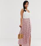 Asos Design Petite Button Front Maxi Skirt In Pink Floral Print - Multi