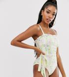 Peek & Beau Fuller Bust Exclusive Eco Floral Stripe Swimsuit With Ruffle And Belt In Yellow D - F Cup - White