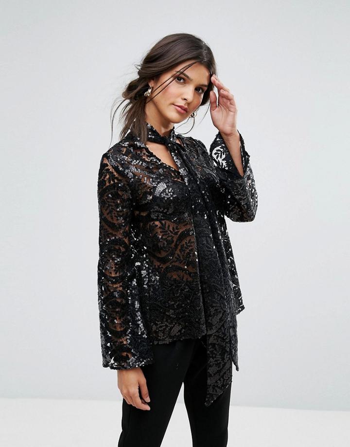 Closet Sequin Tie Neck Long Sleeve Blouse - Blue