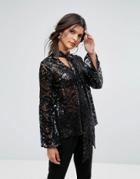 Closet Sequin Tie Neck Long Sleeve Blouse - Blue