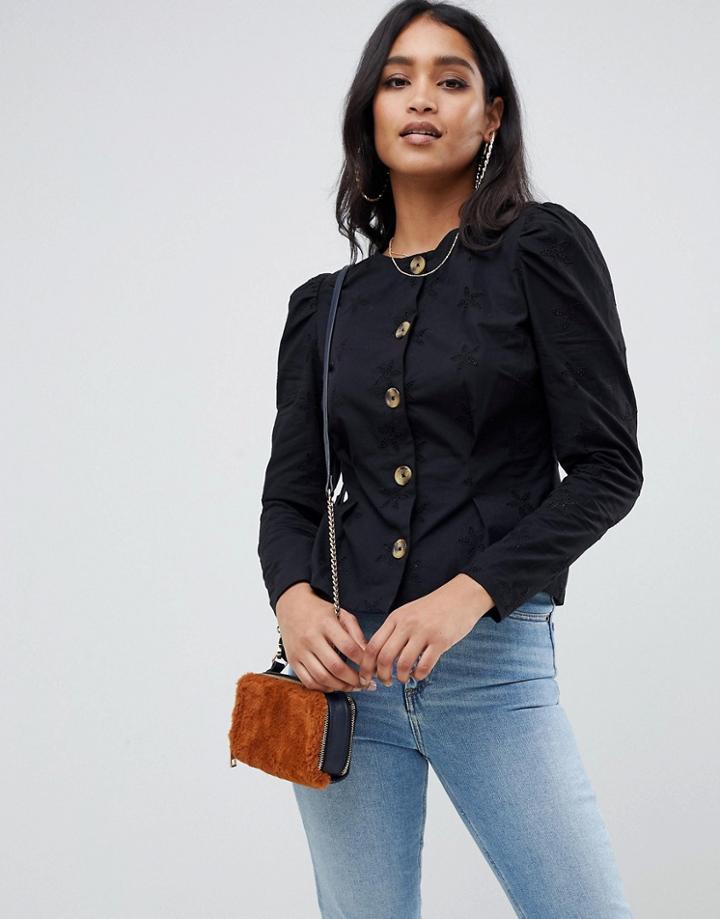 Asos Design Long Sleeve Button Through Top In Broderie - White