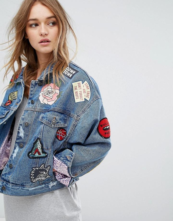 Pull & Bear Badge Detail Denim Jacket - Blue