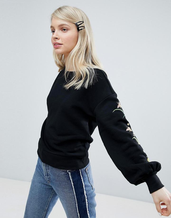 Monki Embroidered Sleeve Sweater - Black