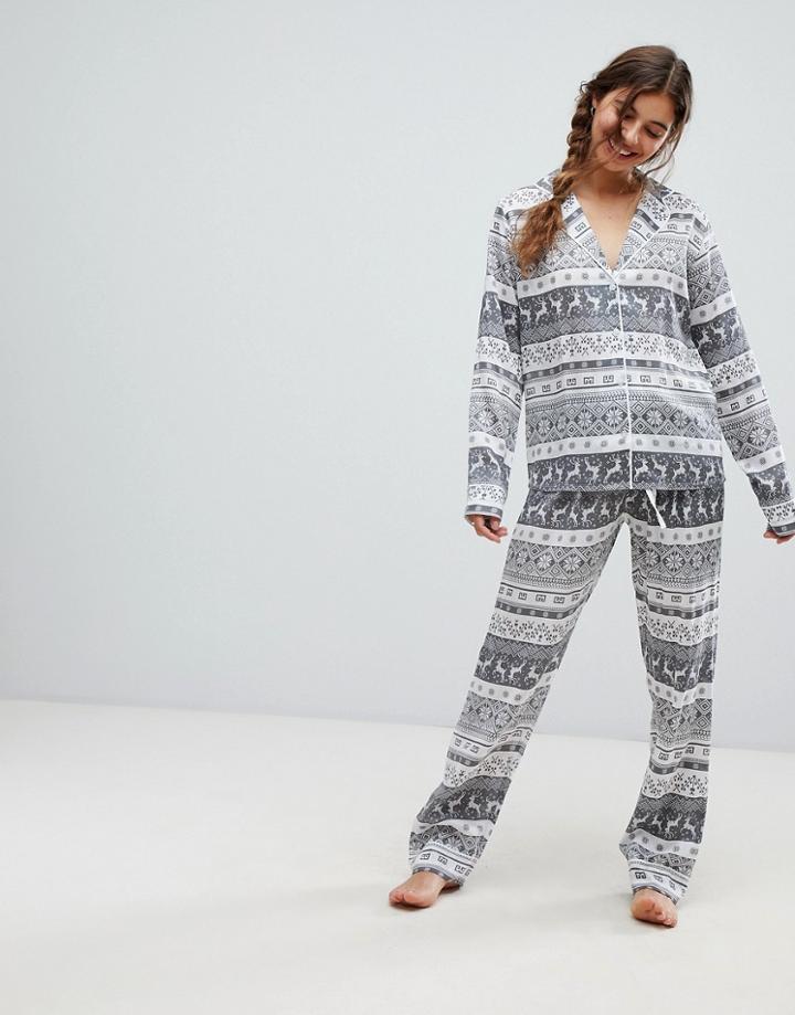 Asos Design Christmas Fairisle Traditional Wide Leg Pyjama Set In 100% Modal-multi