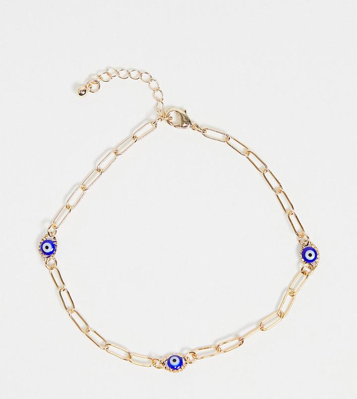 Asos Design Curve Anklet With Blue Eye Charms In Gold Tone