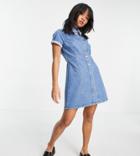 Asos Design Petite Denim Fitted Shirt Dress In Midwash-blues