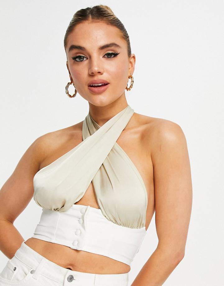 Asos Design Halter Cross Neck Crop Top With Button Detail In Light Gold