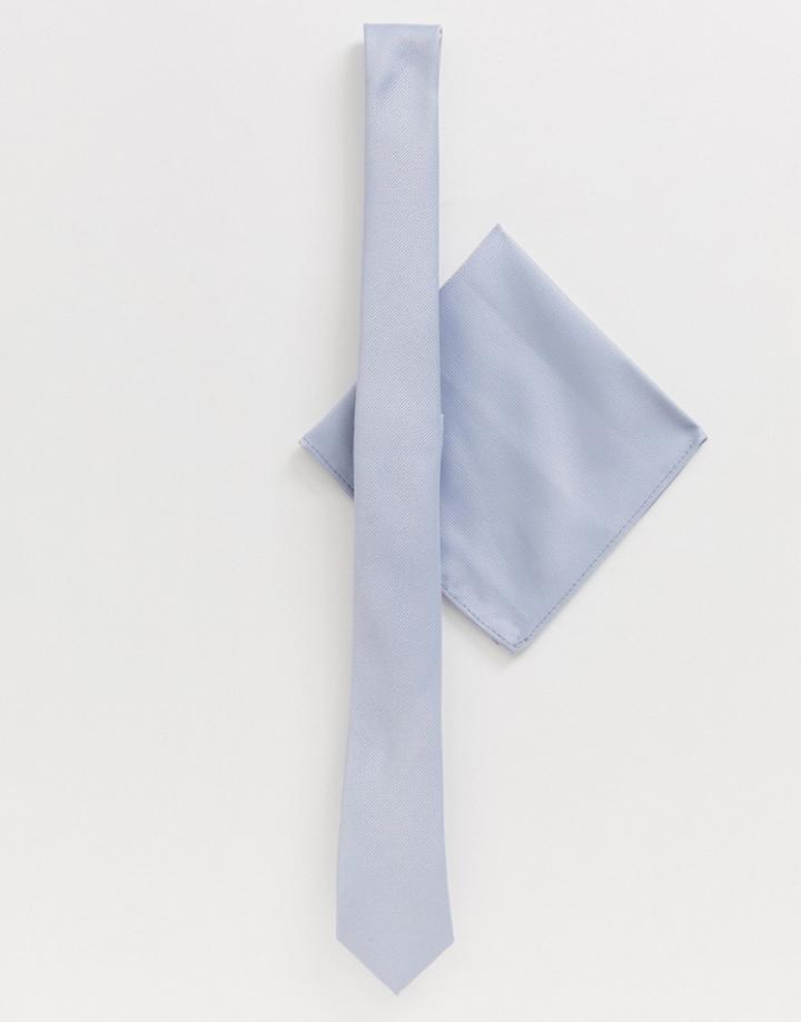 Asos Design Slim Textured Tie & Pocket Square In Light Blue - Multi