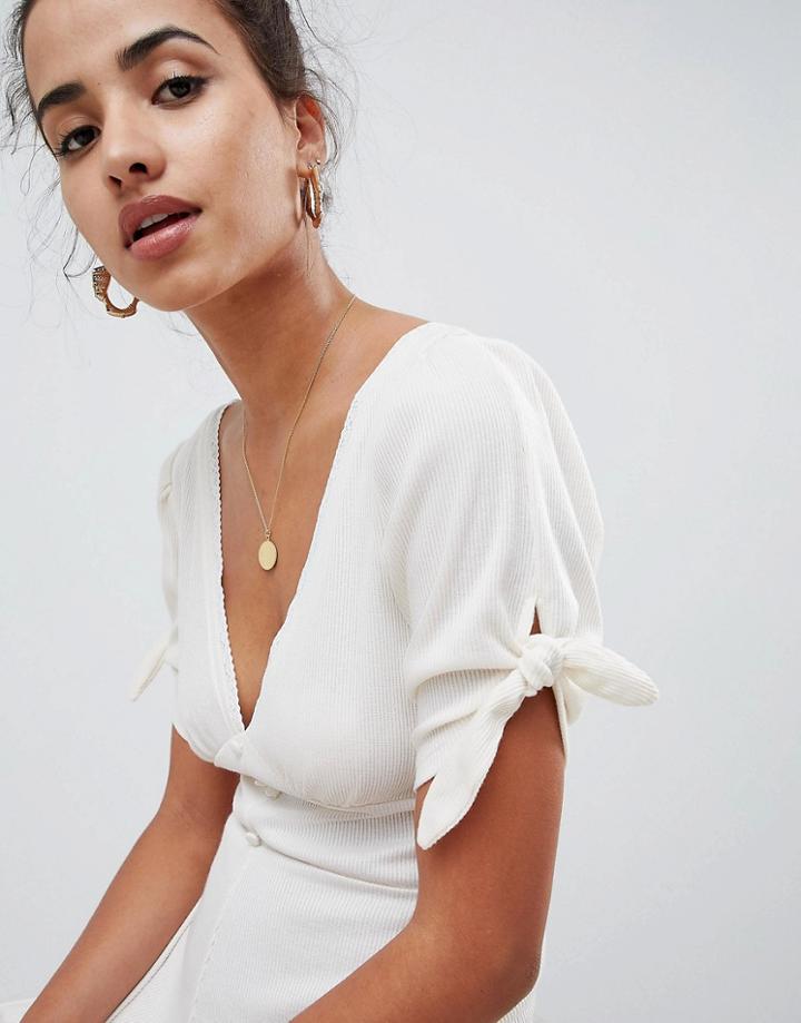 Asos Design Tea Romper With Lace Trims In Slouchy Rib - Cream