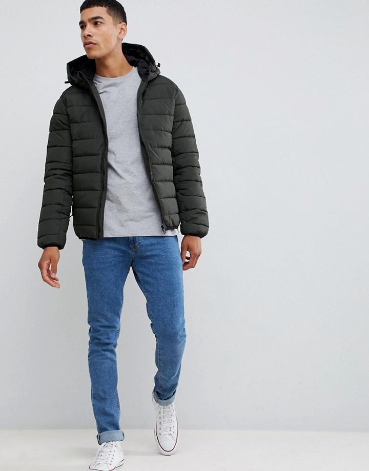 New Look Hooded Puffer In Khaki - Green
