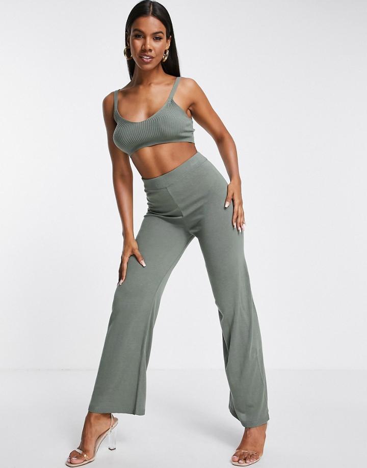 Asos Design Lightweight Knit Wide Leg Beach Pant In Khaki - Part Of A Set-green