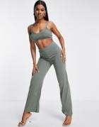 Asos Design Lightweight Knit Wide Leg Beach Pant In Khaki - Part Of A Set-green
