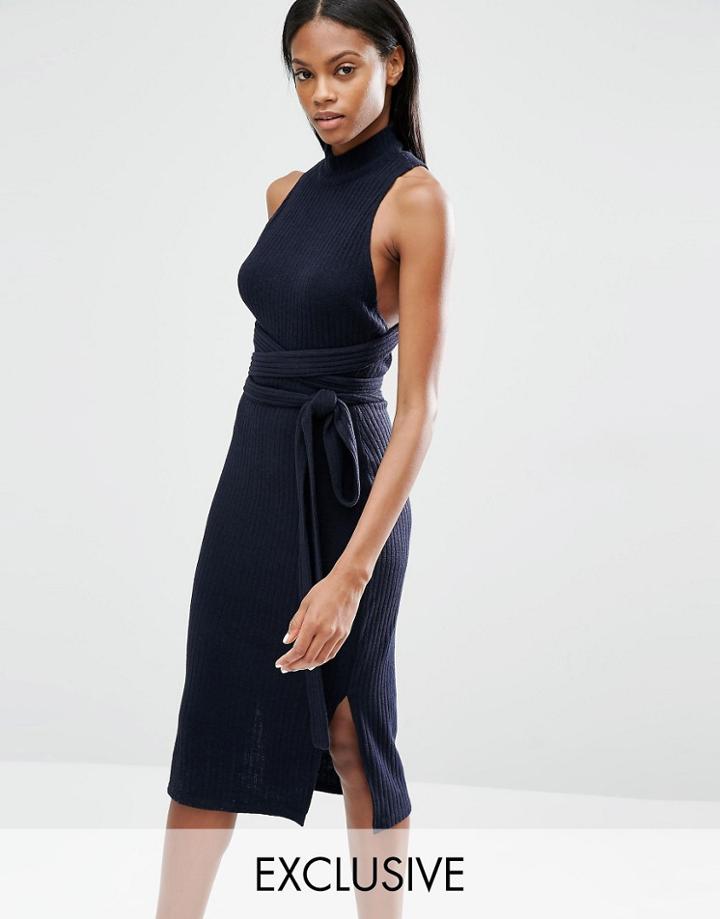 Lavish Alice Rib Knit Open Back Wrap Tie Midi Dress - Navy