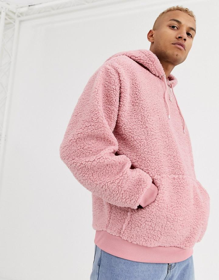 Asos Design Oversized Hoodie In Pink Borg