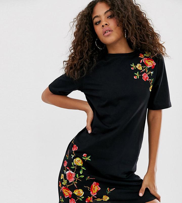 Asos Design Tall Embroidered T Shirt Mini Dress-black