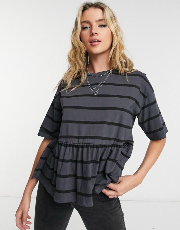 Asos Design Smock Top In Charcoal Stripe-grey