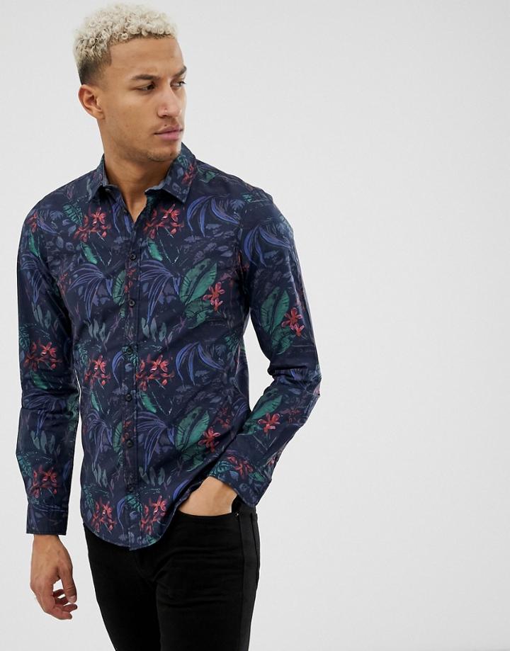 Blend Slim Fit Shirt In Floral Print - Black