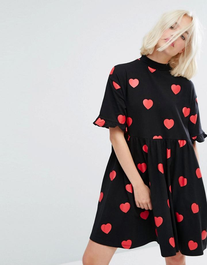 Lazy Oaf Mini T-shirt Dress In All Over Heart Spots And Frilly Hems - Black