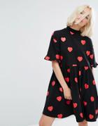 Lazy Oaf Mini T-shirt Dress In All Over Heart Spots And Frilly Hems - Black
