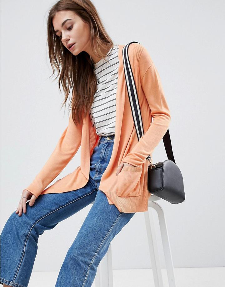 Asos Design Cardigan In Fine Knit With Rib Detail - Orange