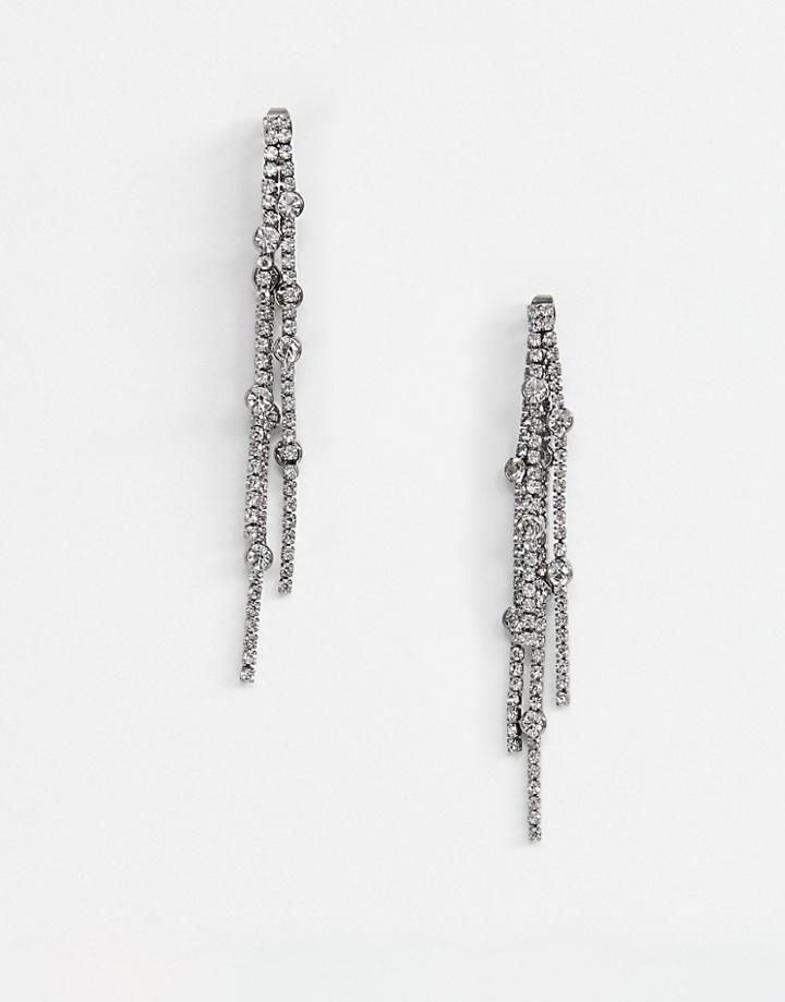 Asos Design Front And Back Earrings With Crystal Chain Strands - Silver