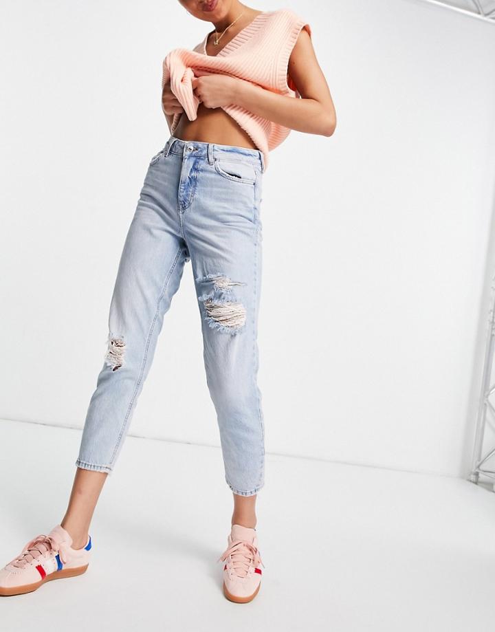 New Look Ripped Mom Jeans In Teal-blues