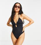Asos Design Petite Recycled Ruched Keyhole Front Swimsuit In Black