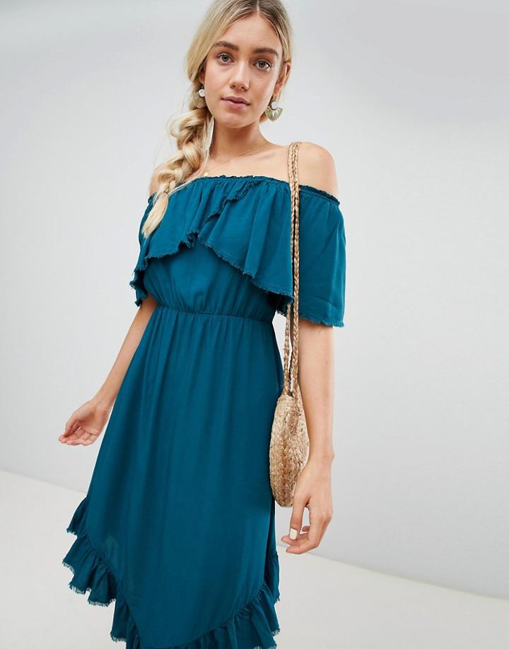 Lunik Off Shoulder Midi Dress With Hanky Hem - Green