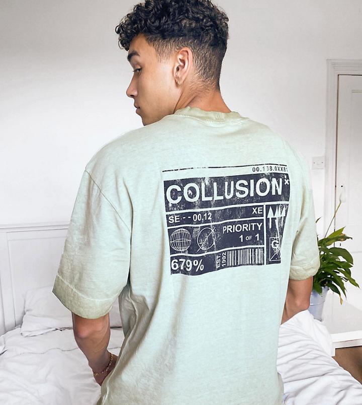 Collusion T-shirt With Print In Washed Dusty Green