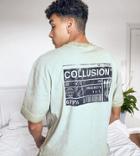 Collusion T-shirt With Print In Washed Dusty Green
