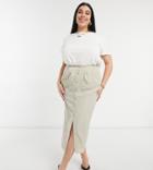 Asos Design Curve Midi Pencil Skirt With Button And Pocket Detail In Stone-neutral