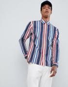 Tommy Jeans Shirt With Flag Logo In Navy Retro Multi Stripe - Navy