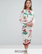 True Violet Midi Floral Dress With Structured Fluted Sleeve In Floral With Stripe At Hem - Multi