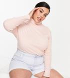 Simply Be Long Sleeve Ribbed Top In Blush-pink