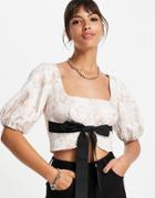 Asos Design Square Neck Puff Sleeve Crop Top With Contrast Tie Waist Detail In Floral Print-multi