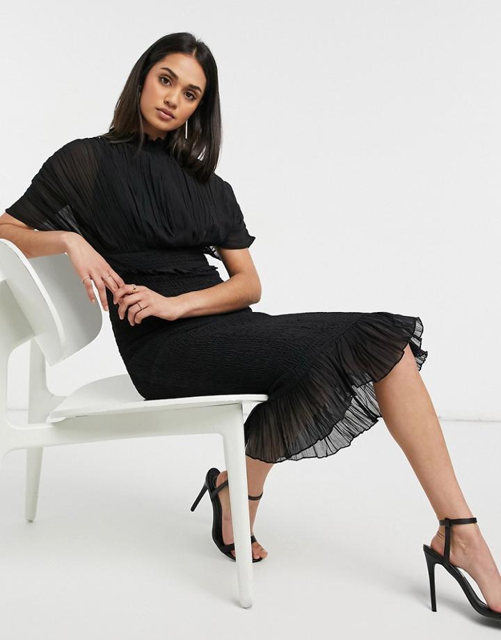 Asos Design Pleated Blouson Midi Dress Wth Shirred Skirt In Black-white