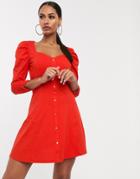 Asos Design Long Sleeve Puff Sleeve Popper Front Tea Dress - Red
