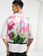 Asos Design Oversized T-shirt In Lilac With Back Flower Print-purple